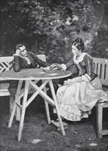 A couple sitting at a table in the garden having a conversation, Goethe and Friederike in