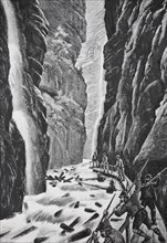 Wooden raftsmen navigate through a narrow, rocky gorge with waterfalls, Wooden drifts in the