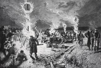 Soldiers gather around several campfires at night, the scene is lively and energetic, circle