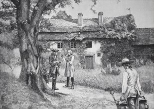 Men standing in a garden in front of a country house, while one person carries a water jug, in