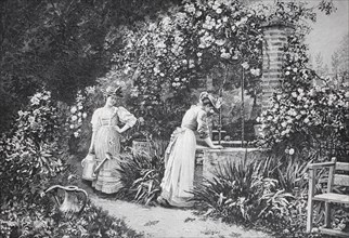 Two woman working in a flowery garden at a fountain, watering the plants, Historic, digitally