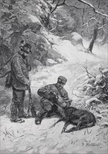 Two hunters stand in the snowy forest next to a sick deer and pour water on it, Historical,