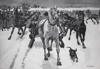 Several horse-drawn sleighs travelling fast through a snowy landscape, accompanied by a dog, Sleigh