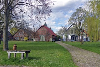 Half-timbered houses in a green landscape with trees and a pasture in the foreground, Satemin,