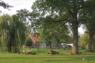 Green park with half-timbered houses, trees and people on a summer's day, Wendland, Lower Saxony,