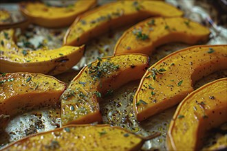 Freshly baked pumpkin wedges with seasoning. Generative Ai, AI generated