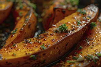 Close up of baked pumpkin wedges with seasoning. Generative Ai, AI generated