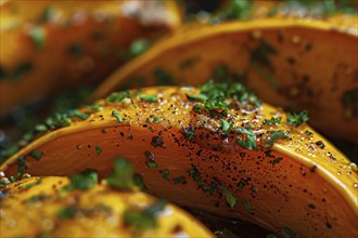 Close up of baked pumpkin wedges. Generative Ai, AI generated