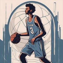 Male basketball player in retro design line art style illustration, AI generated