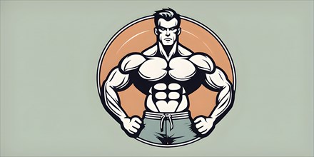 Bodybuilder in retro design line art style illustration, AI generated