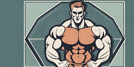 Bodybuilder in retro design line art style illustration, AI generated