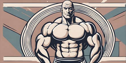 Bodybuilder in retro design line art style illustration, AI generated