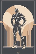 Bodybuilder in retro design line art style illustration, AI generated