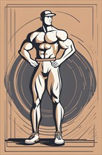 Bodybuilder in retro design line art style illustration, AI generated