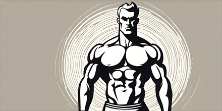 Bodybuilder in retro design line art style illustration, AI generated