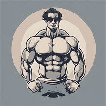 Bodybuilder in retro design line art style illustration, AI generated