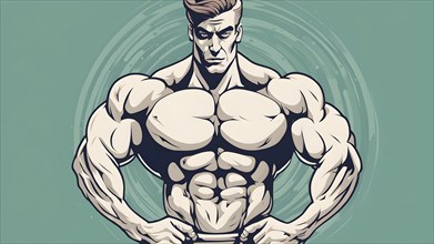 Bodybuilder in retro design line art style illustration, AI generated