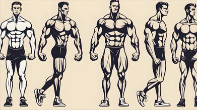 Bodybuilder in retro design line art style illustration, AI generated