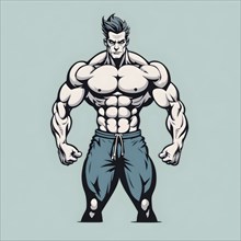 Bodybuilder in retro design line art style illustration, AI generated