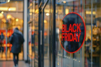 Round black advertisement sign with red text 'Black Friday' in shopping window. Generative AI, AI