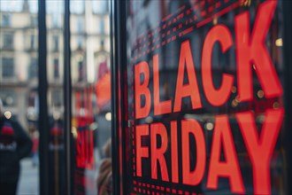 Black advertisement sign with red text 'Black Friday' in shopping window. Generative AI, AI