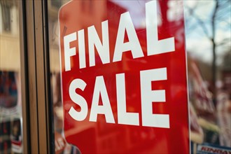 Red sale sign with text 'Final Sale' in shopping window. Generative AI, AI generated