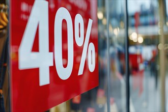 Red sale sign with text '40%' in shopping window. Generative AI, AI generated