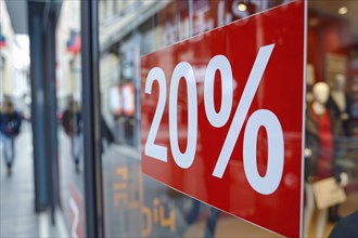 Red sale sign with text '20%' in shopping window. Generative AI, AI generated