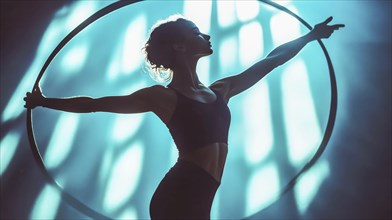 A silhouette of a woman dancing inside a ring, bathed in blue light, exuding grace and artistic