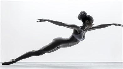 A graceful woman in a stretched athletic pose, silhouetted in black and white, showcasing strength