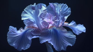 Blue iris flower with an ethereal glow, detailed petals covered in water droplets, AI generated