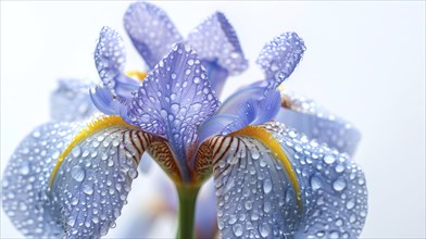 Macro shot of a blue iris flower adorned with water droplets radiating freshness, AI generated