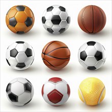 Nine different soccer and basketballs displayed on a white surface, featuring a range of colors and