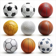 A diverse set of nine basketballs and soccer balls showcasing different designs and colors,