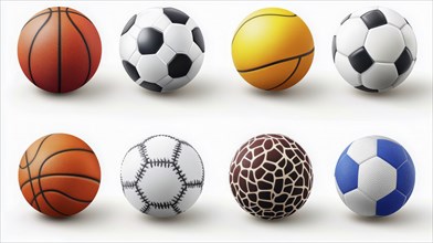 Eight basketballs and soccer balls with diverse patterns and colors displayed against a white