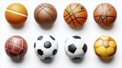 A variety of eight basketballs and soccer balls placed on a white background, showing different