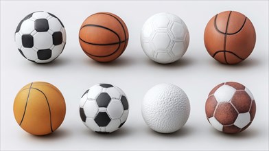 Eight soccer balls and basketballs against a plain backdrop, displaying a range of patterns and