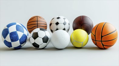 A collection of eight different soccer and basketballs presented against a light background,