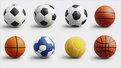 Eight different soccer balls and basketballs are displayed against a white background, showcasing