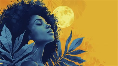 A blue-skinned woman with leaves and a full moon against a yellow background, AI generated