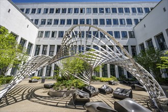 Seating area and pavilion sculpture, artwork in the inner courtyard of the TU Munich, main campus,