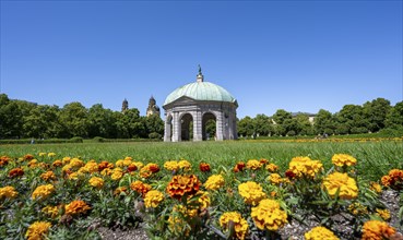 Diana Temple in the Hofgarten with yellow flowers and Theatine Church, Old Town, Munich, Upper