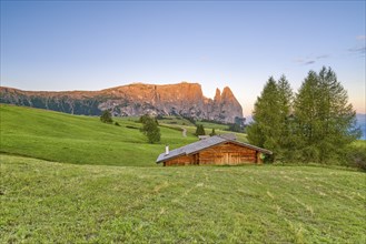 Alpine hut in front of Schlern, Seiser Alm, sunrise, Dolomites, South Tyrol, Italy, Europe