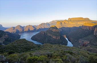 Sunset at Blyde River Canyon with Three Rondawels peak, view of canyon with Blyde River and table