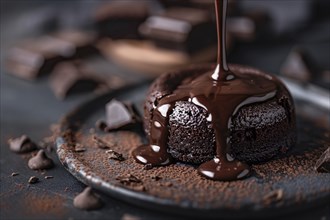 Chocolate lava cake on dark background. Generative AI, AI generated