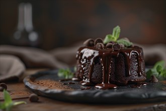 Small Chocolate lava cake with mint leaves on dark background. Generative AI, AI generated