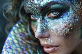 Woman's beautiful mermaid Halloween costume makeup with fish scales. Generative AI, AI generated