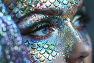 Close up of woman's beautiful mermaid Halloween costume makeup with fish scales. Generative AI, AI