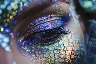 Woman's beautiful mermaid Halloween costume eye makeup. Generative AI, AI generated