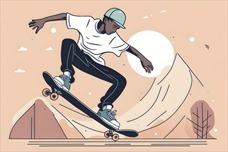 Male skateboarder in a retro design minimalist line art illustration, AI generated